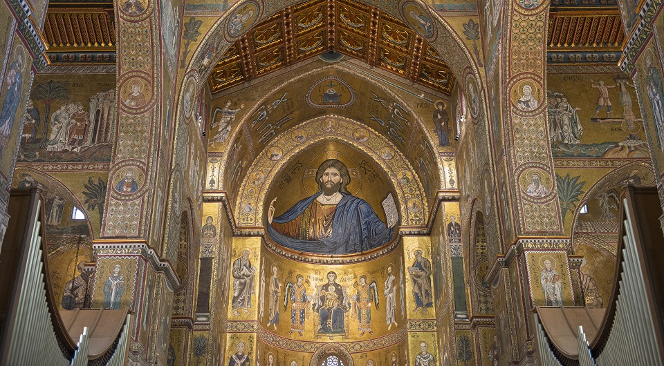 The famous Cathedral of Monreale. In the apse, the mosaic with the blessing Christ.
